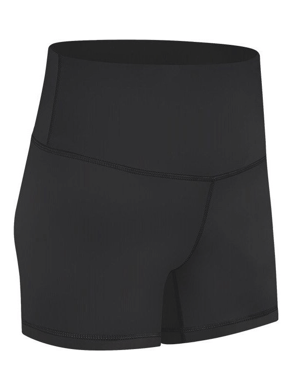 Black elastic women's training shorts, ideal for yoga and workouts, made from a stretchy nylon-spandex blend with broadcloth fabric.